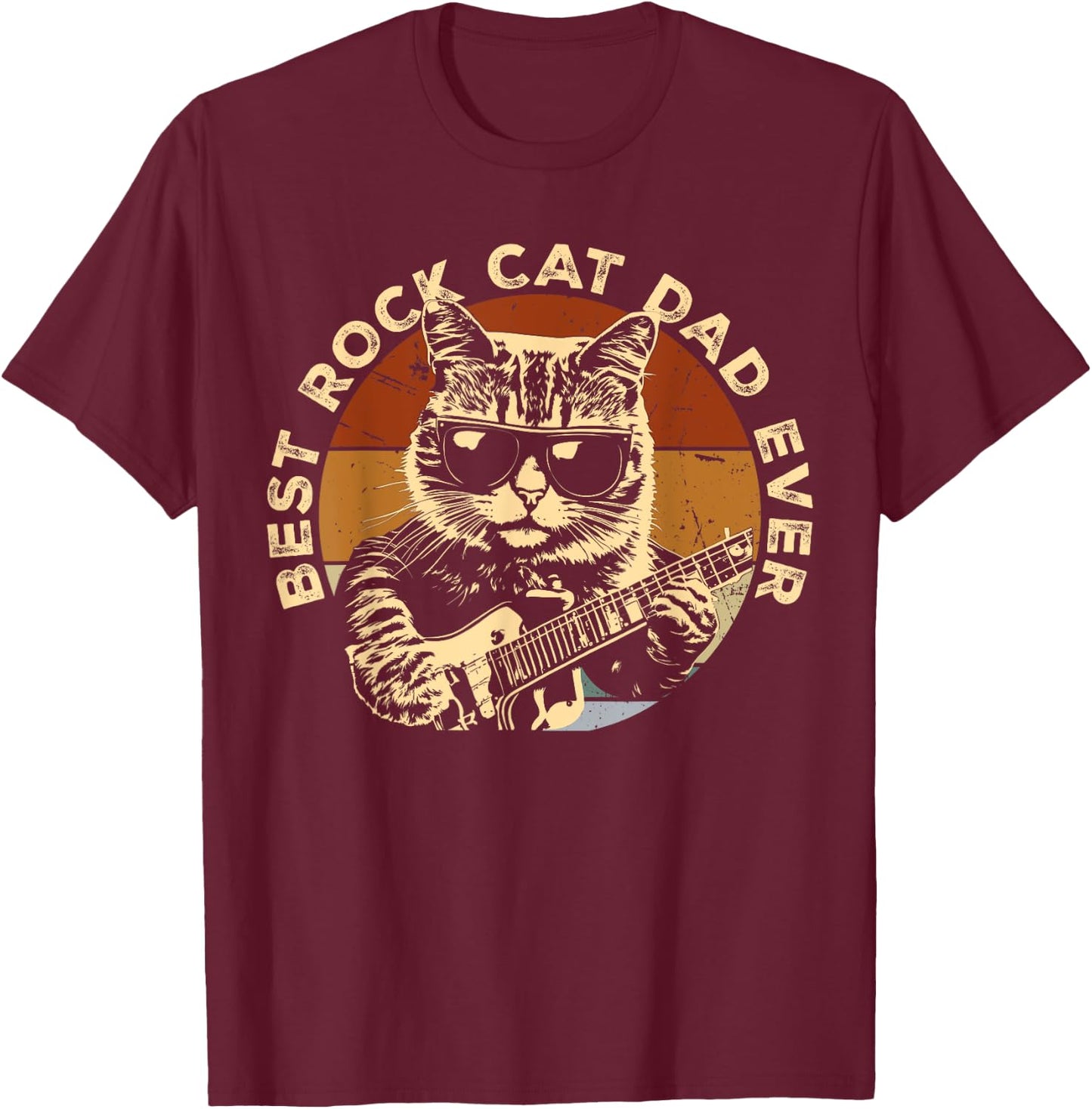 Best Rock Cat Dad Ever Funny Cat Playing Guitar T-Shirt - T-Shirt | Maroon