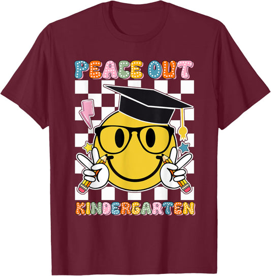 Peace Out Kindergarten Last Day of School Smile Face Kids T-Shirt - T-Shirt | Maroon