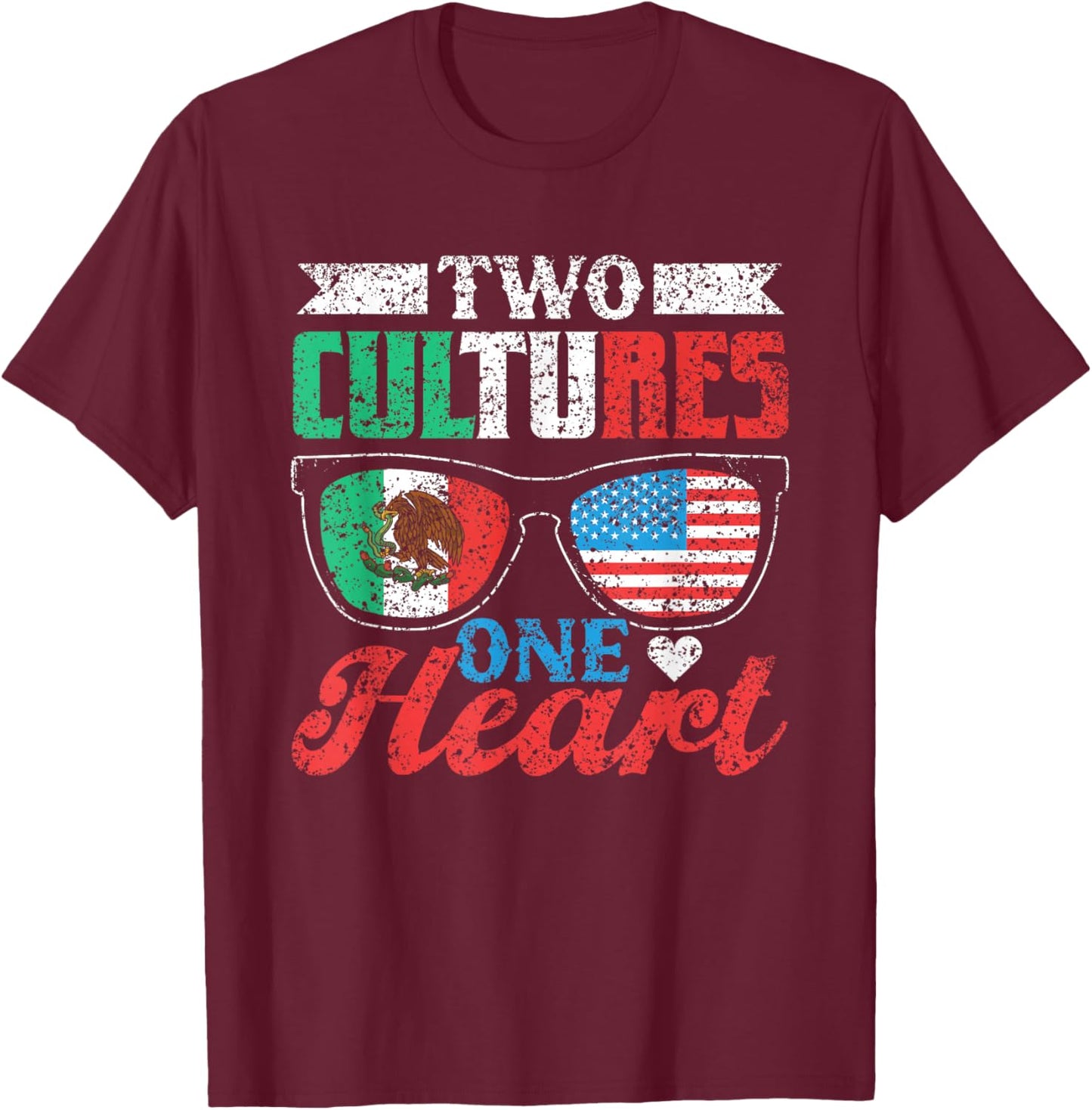 Two Cultures One Heart Usa Mexico America Mexican American T-Shirt - T-Shirt | Maroon