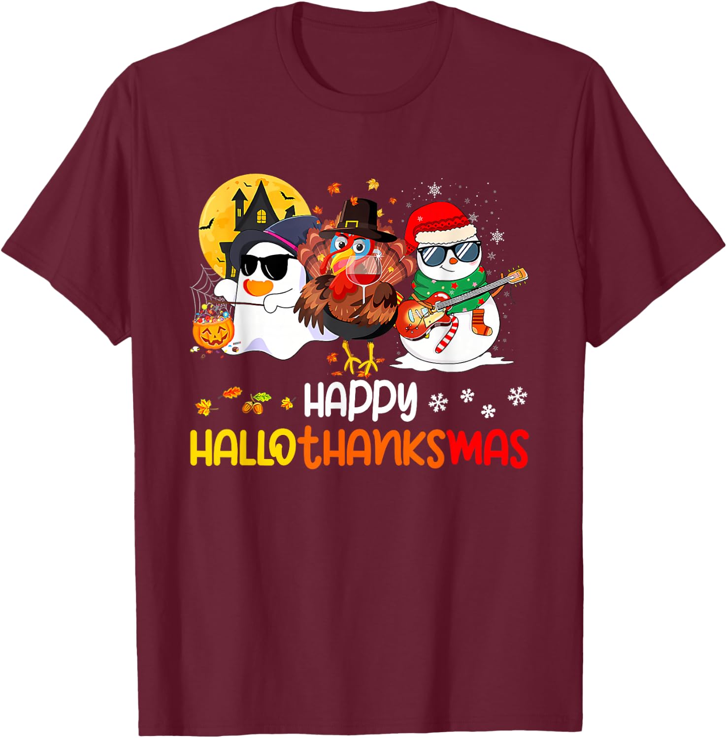 Happy Hallothanksmas Cute Ghost Halloween Thanksgiving Xmas T-Shirt - T-Shirt | Maroon
