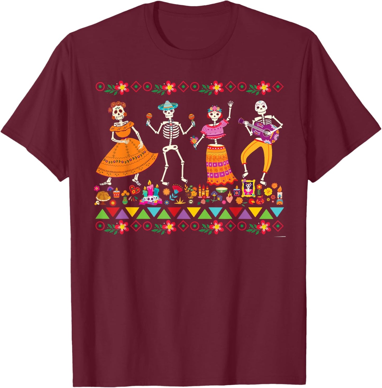 Dancing Skeletons Day of the Dead Mexican Dia de los Muertos T-Shirt - T-Shirt | Maroon
