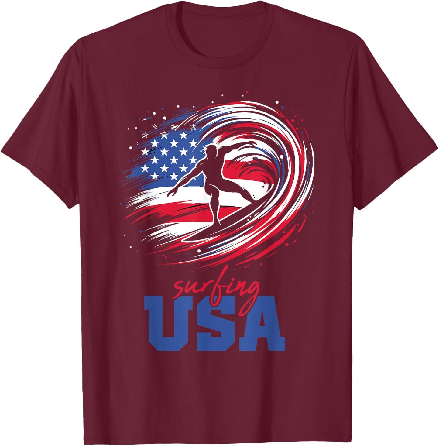 Surfing USA American Flag Surfer Patriotic T-Shirt - T-Shirt | Maroon