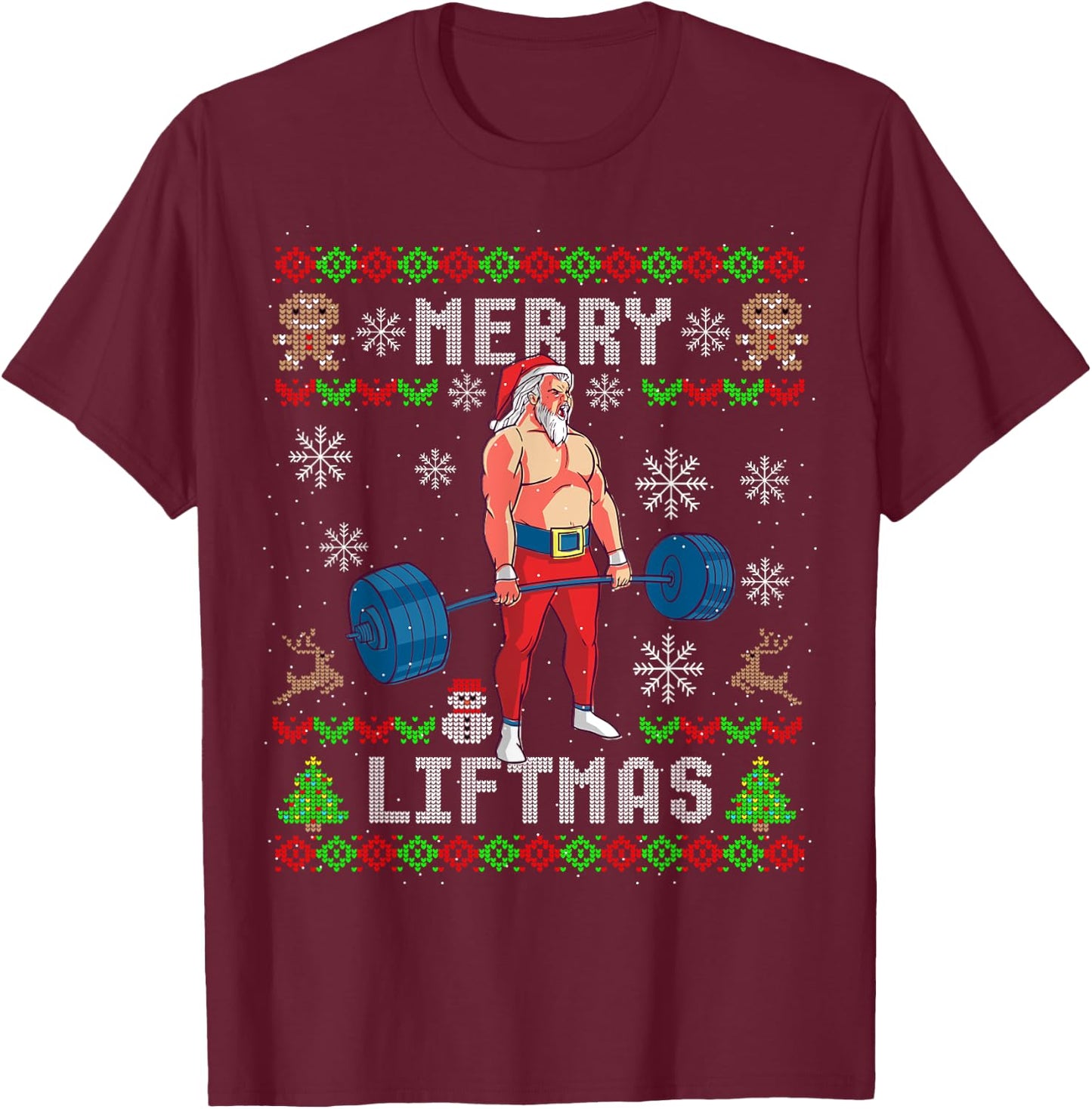 Funny Merry Liftmas Ugly Christmas Workout Powerlifting T-Shirt - T-Shirt | Maroon