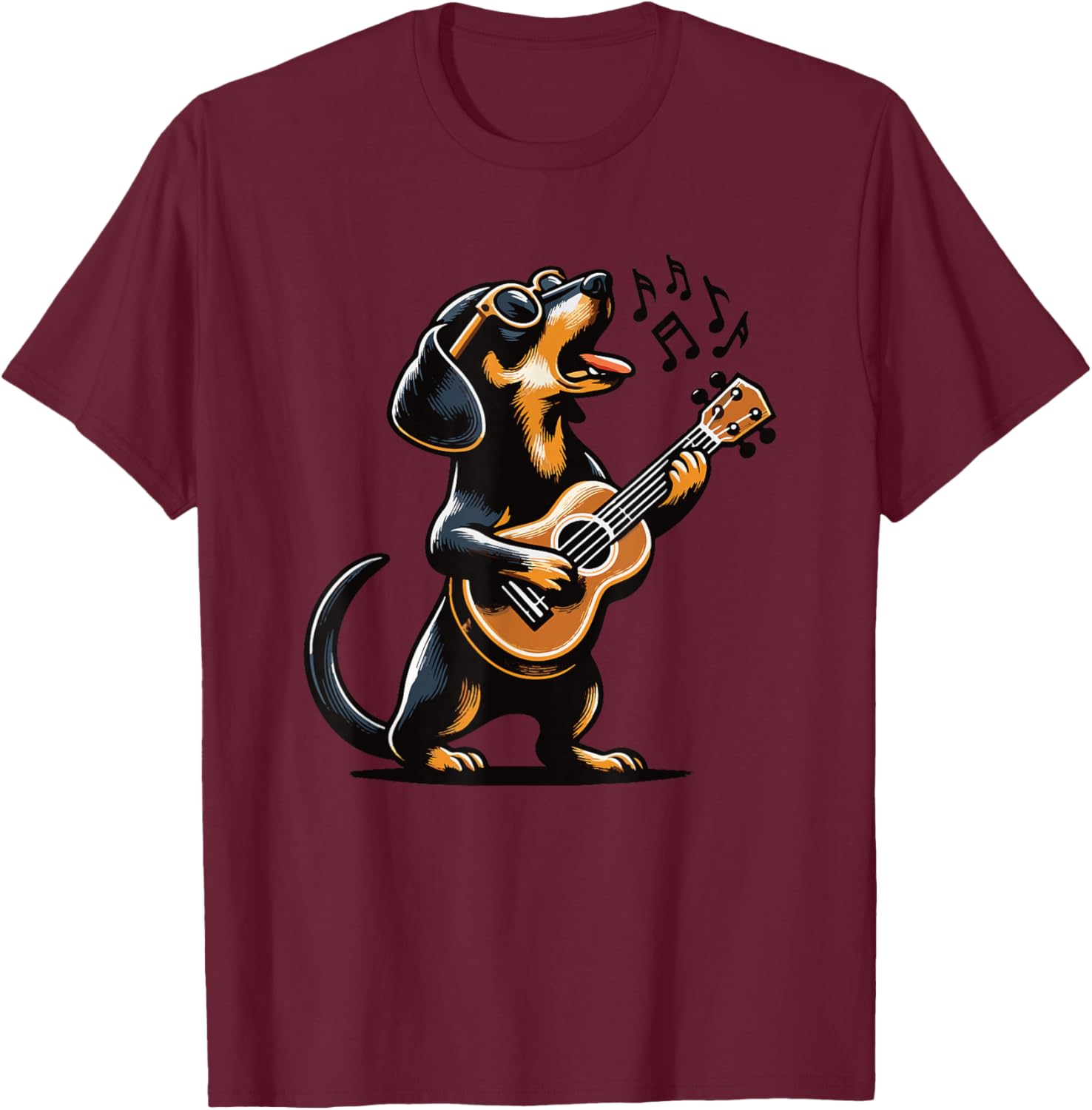 Dog Playing Guitar Singing Dachshund Wiener Dog Funny T-Shirt - T-Shirt | Maroon