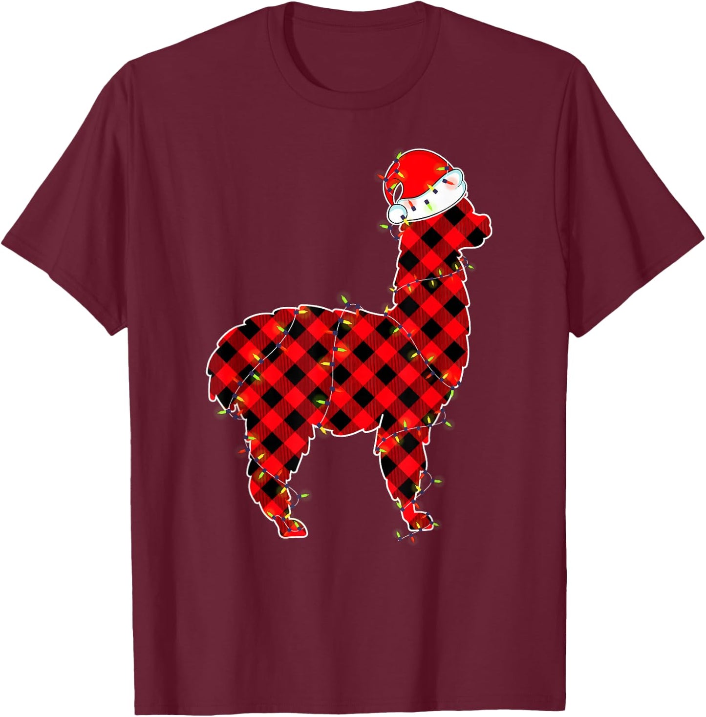 Red Plaid Llama Christmas Lights Pajamas Adult Kids T-Shirt - T-Shirt | Maroon