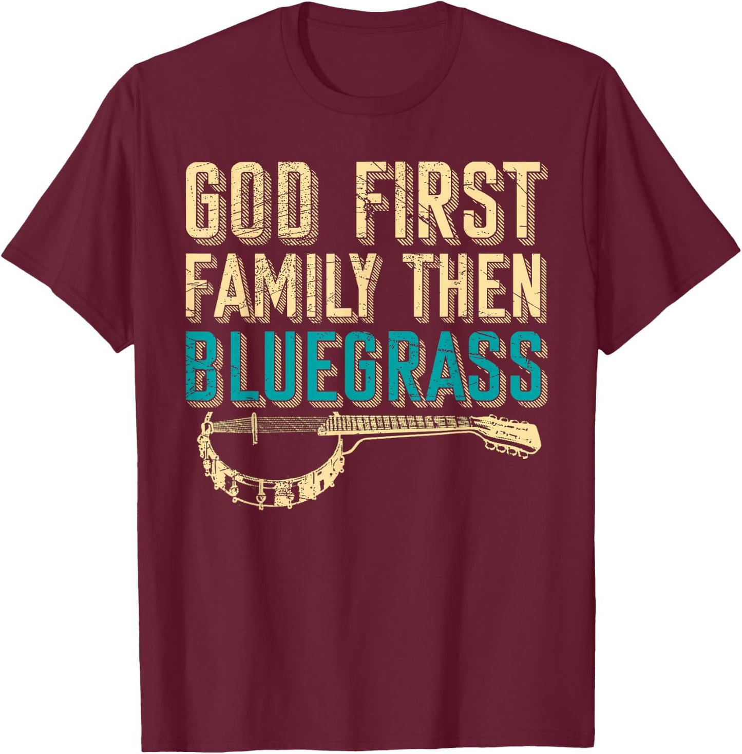 Bluegrass Music Guitar Player and Funny Banjo Instrument T-Shirt - T-Shirt | Maroon
