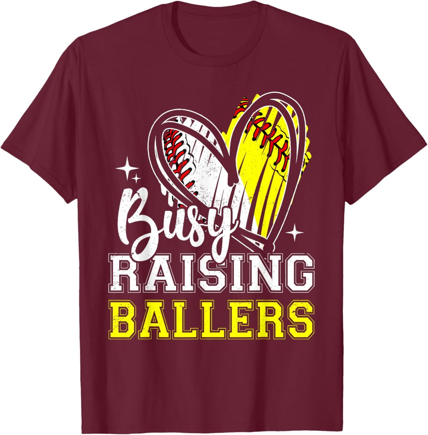 Busy Raising Ballers Heart Softball Baseball Mom T-Shirt - T-Shirt | Maroon