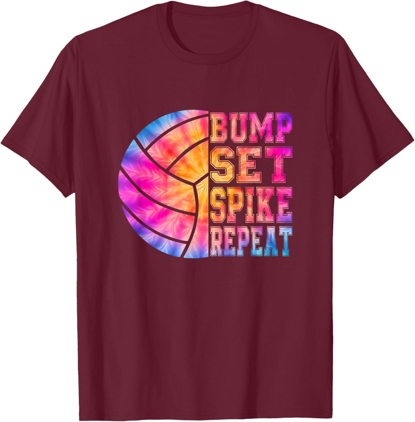 Colorful Tie Dye Teen Girls Volleyball Bump Set Spike Repeat T-Shirt - T-Shirt | Maroon