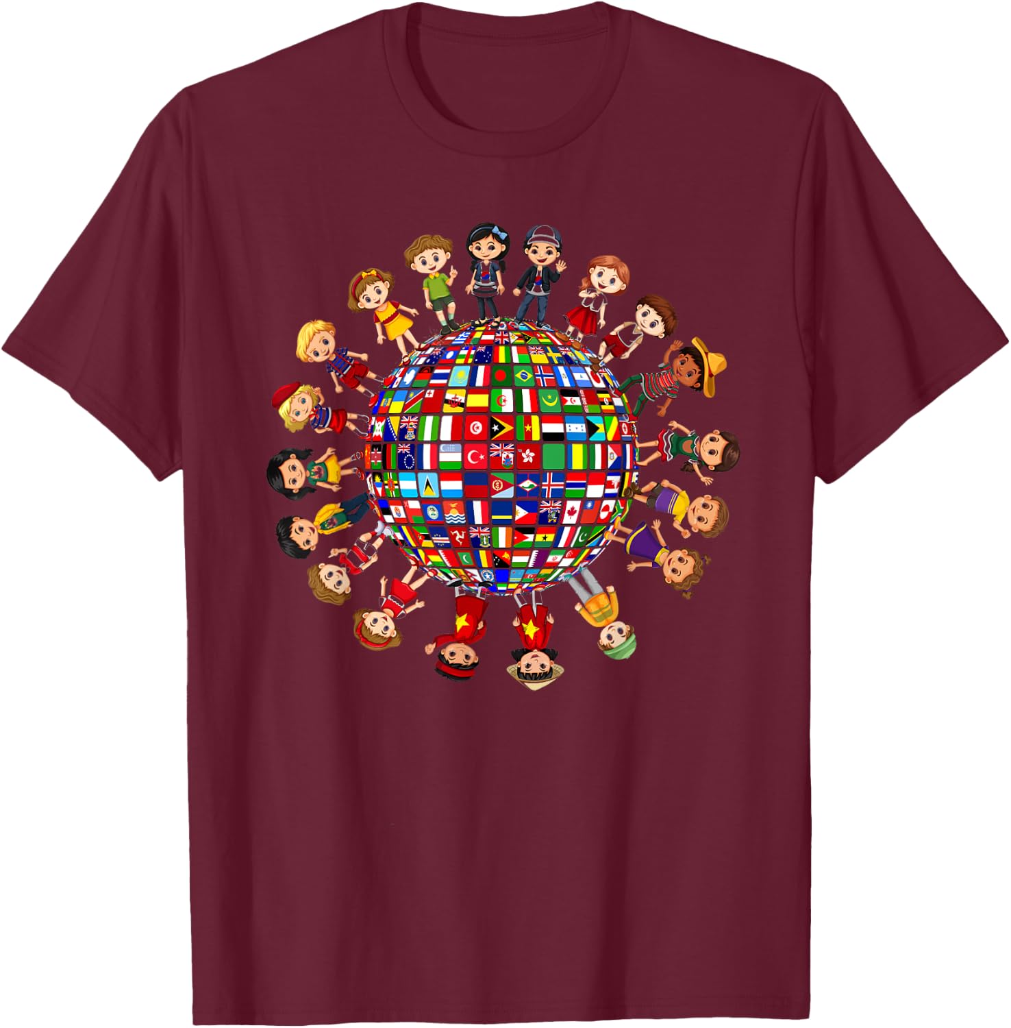 Flags of the World Cultural diversity Kids around the Globe T-Shirt - T-Shirt | Maroon