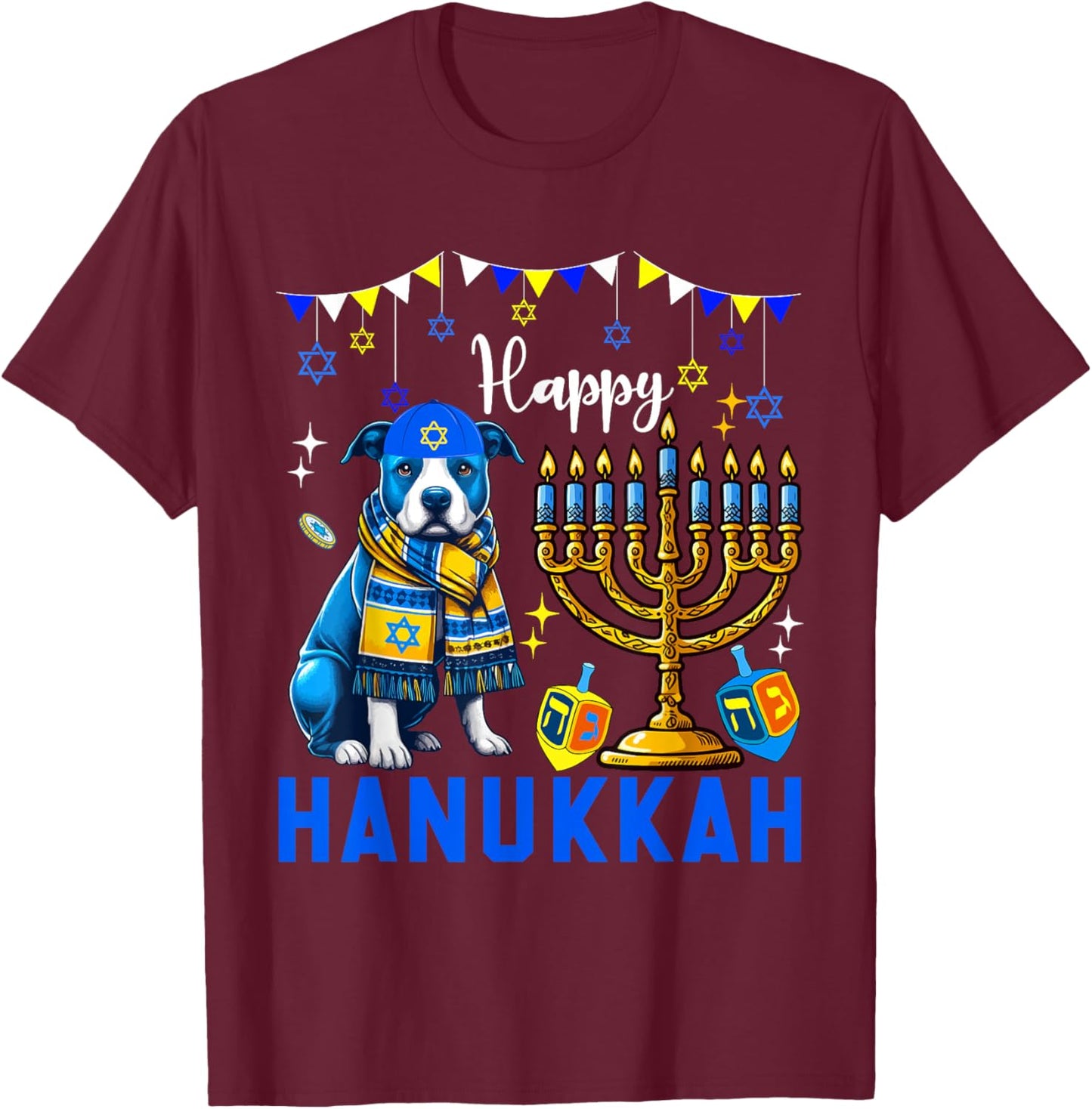 Happy Hanukkah Pit Bull Menorah Dreidel Dog Owner Lover T-Shirt - T-Shirt | Maroon
