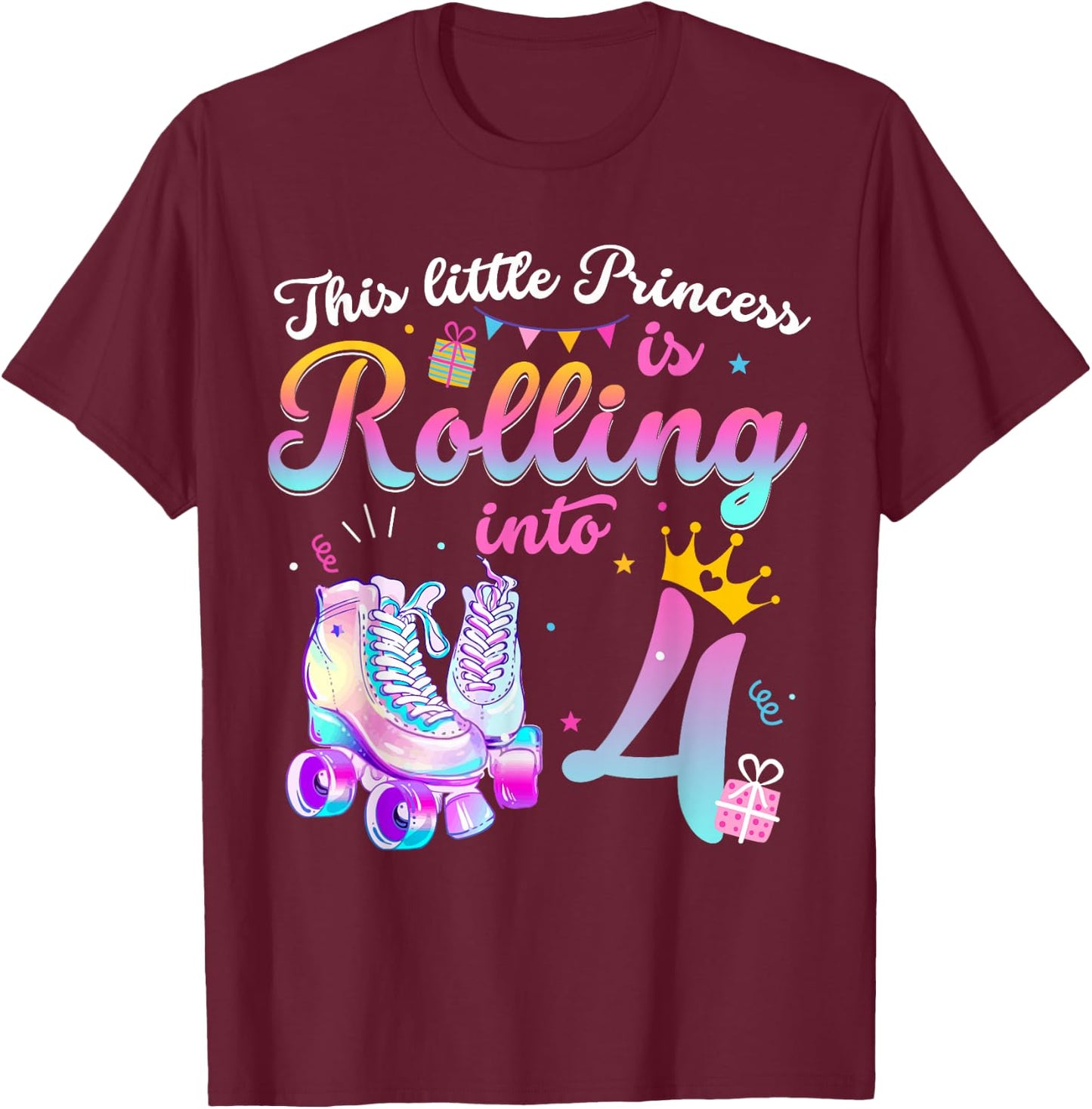 Roller Skate 4th Birthday Shirt 4 Year Old Girl Party Outfit T-Shirt - T-Shirt | Maroon