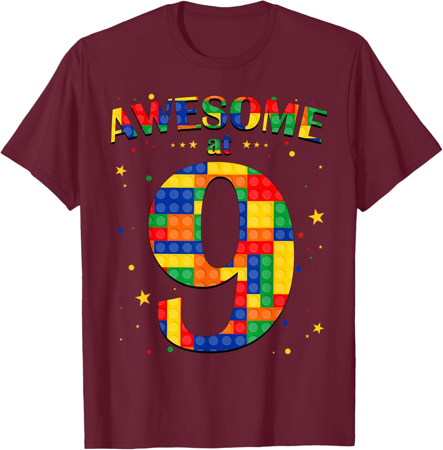 Building Blocks Bricks Awesome at 9 Years Old Birthday Boy T-Shirt - T-Shirt | Maroon