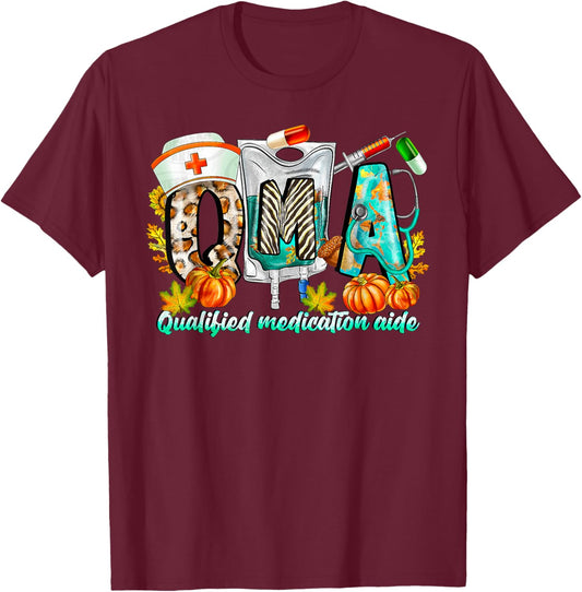 QMA Qualified Medical Aide Fall Autumn Leaves Thanksgiving T-Shirt - T-Shirt | Maroon