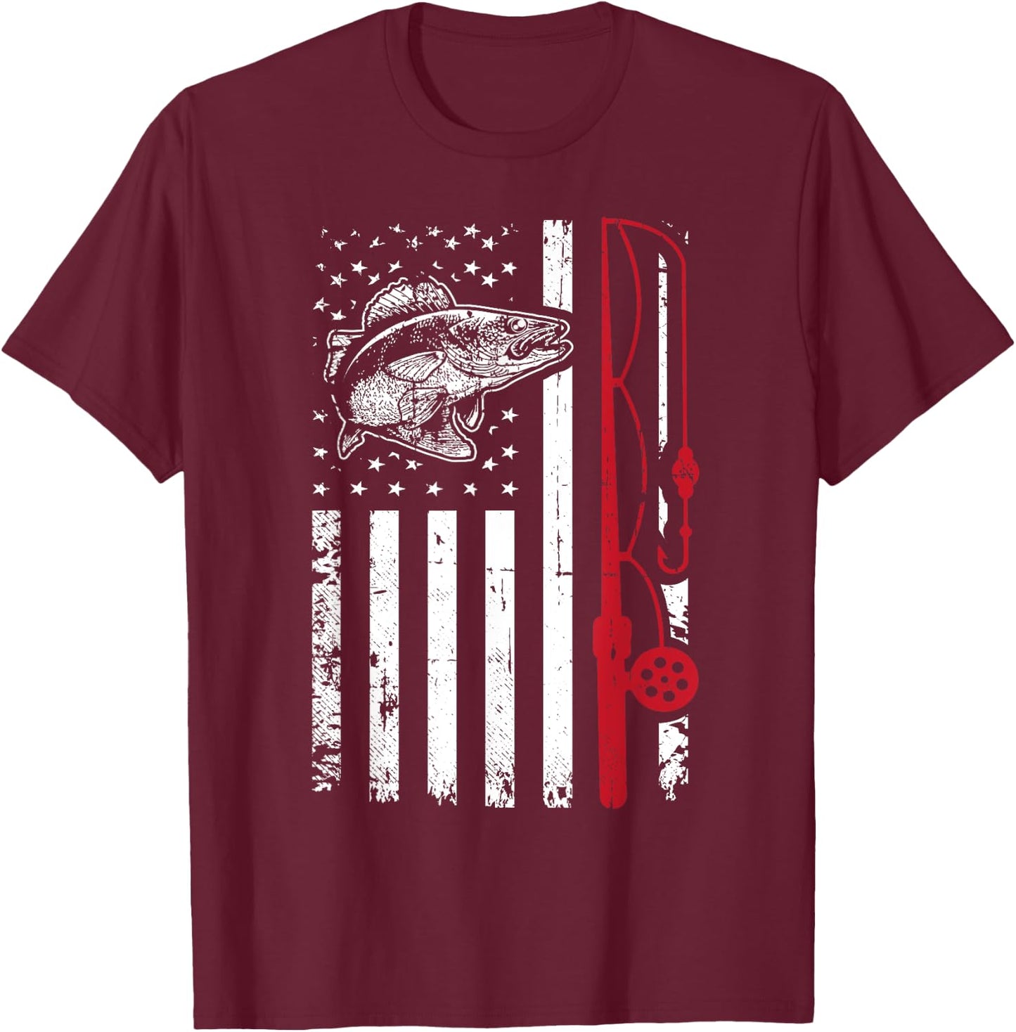 Vintage Walleye Fish T Shirt Fishing American Flag Gift T-Shirt - T-Shirt | Maroon