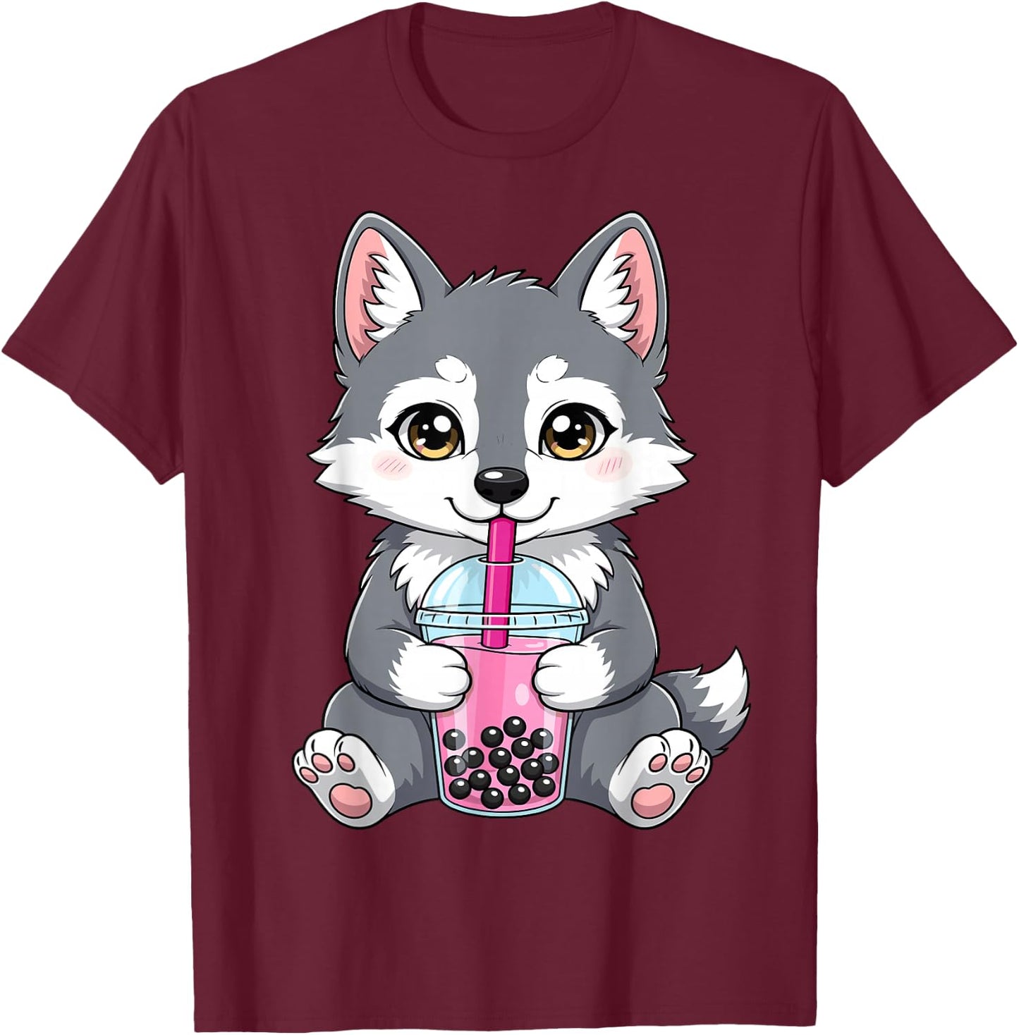 Wolf with Boba Bubble Tea Cute Kawaii T-Shirt - T-Shirt | Maroon