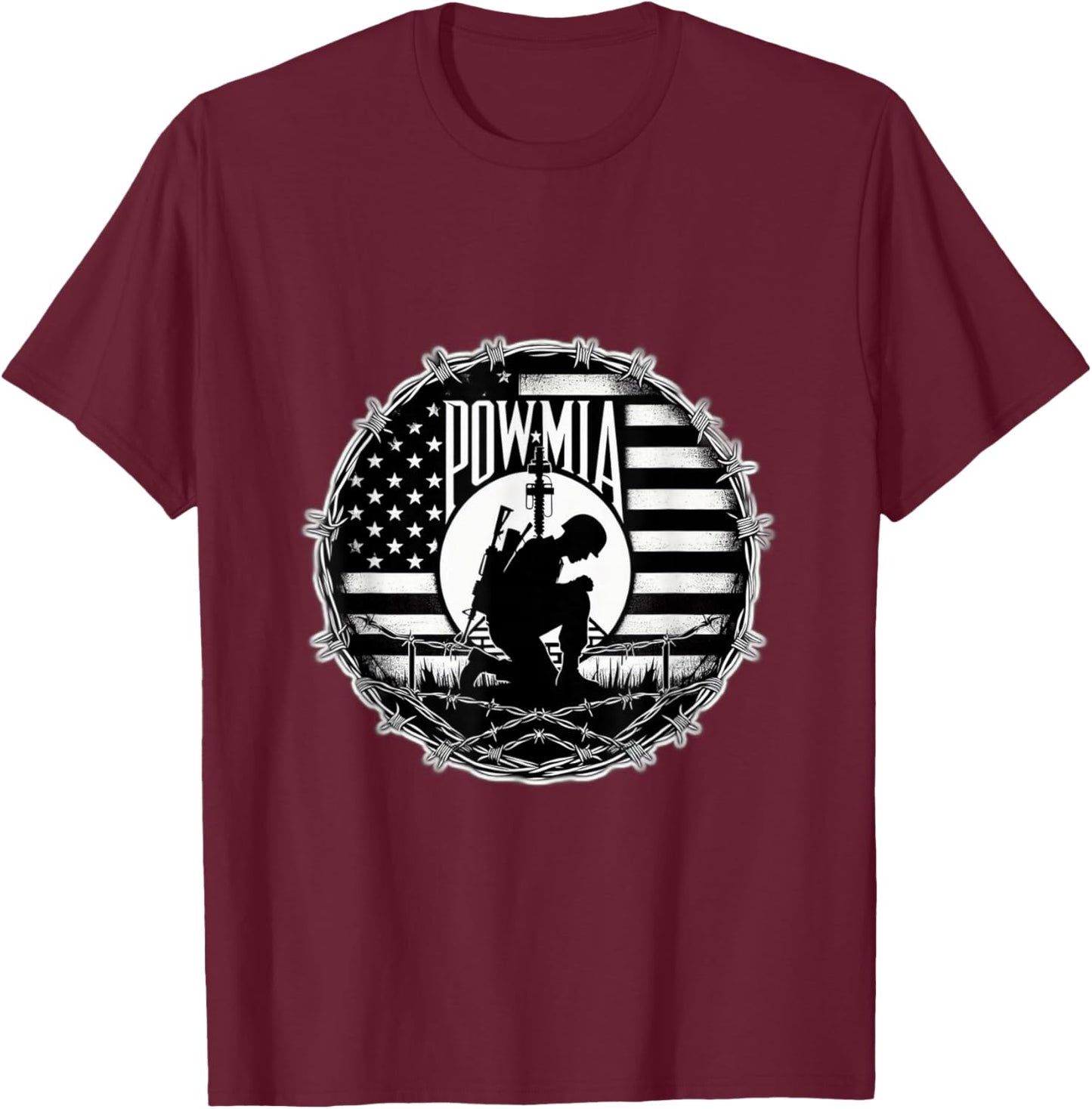 Obvious Logic POW MIA -Adults Black Cotton, Polyester Blend Short Sleeve T-Shirt - T-Shirt | Maroon