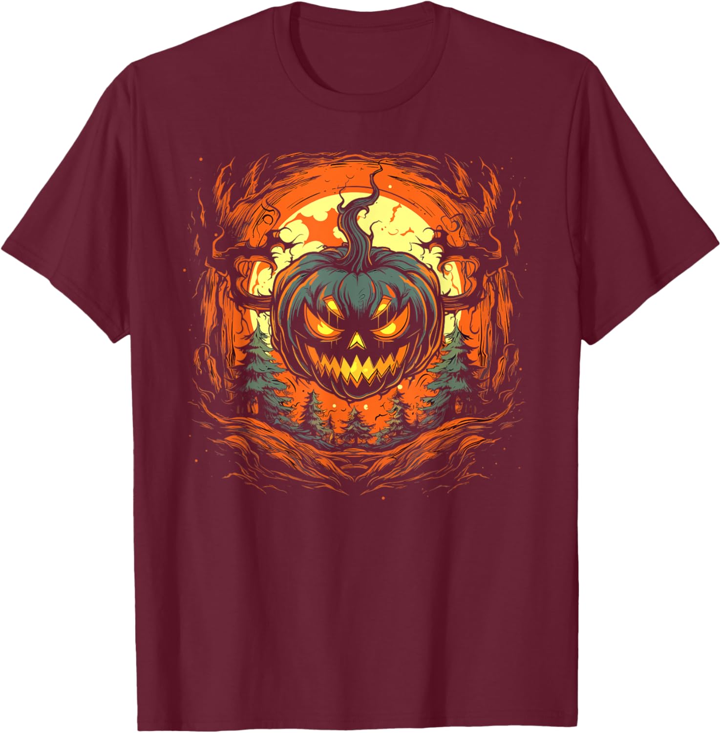 Pumpkin Jack o Lantern Demon Monster Scary Halloween Graphic T-Shirt - T-Shirt | Maroon