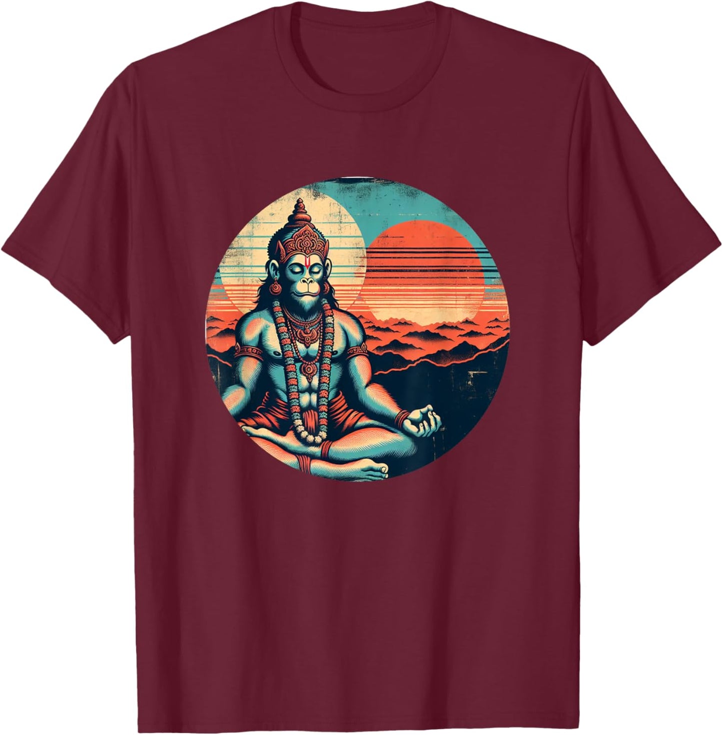 Meditating Hanuman Vintage Sunset Empowering Yoga Meditation T-Shirt - T-Shirt | Maroon