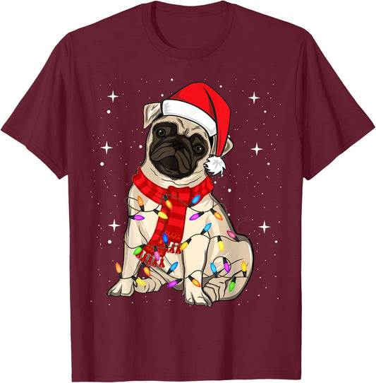 Pug Dogs Christmas Light Santa Hat Puggy Lover Xmas T-Shirt - T-Shirt | Maroon