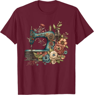 Floral Sewing Machine - Flower Seamstress Sewing Machine T-Shirt - T-Shirt | Maroon