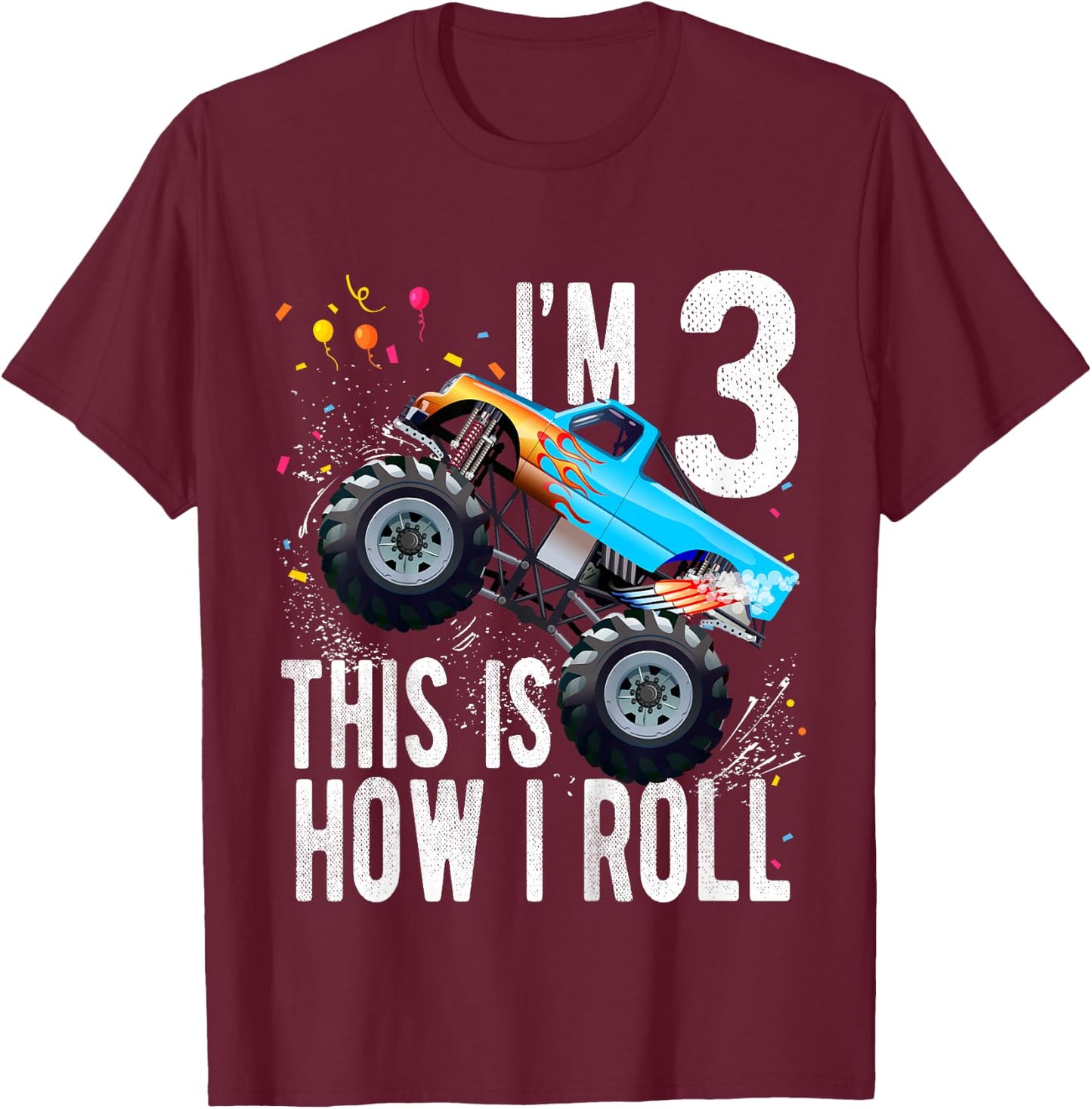 Kids 3 Year Old Shirt 3rd Birthday Boy Monster Truck Car T-Shirt - T-Shirt | Maroon