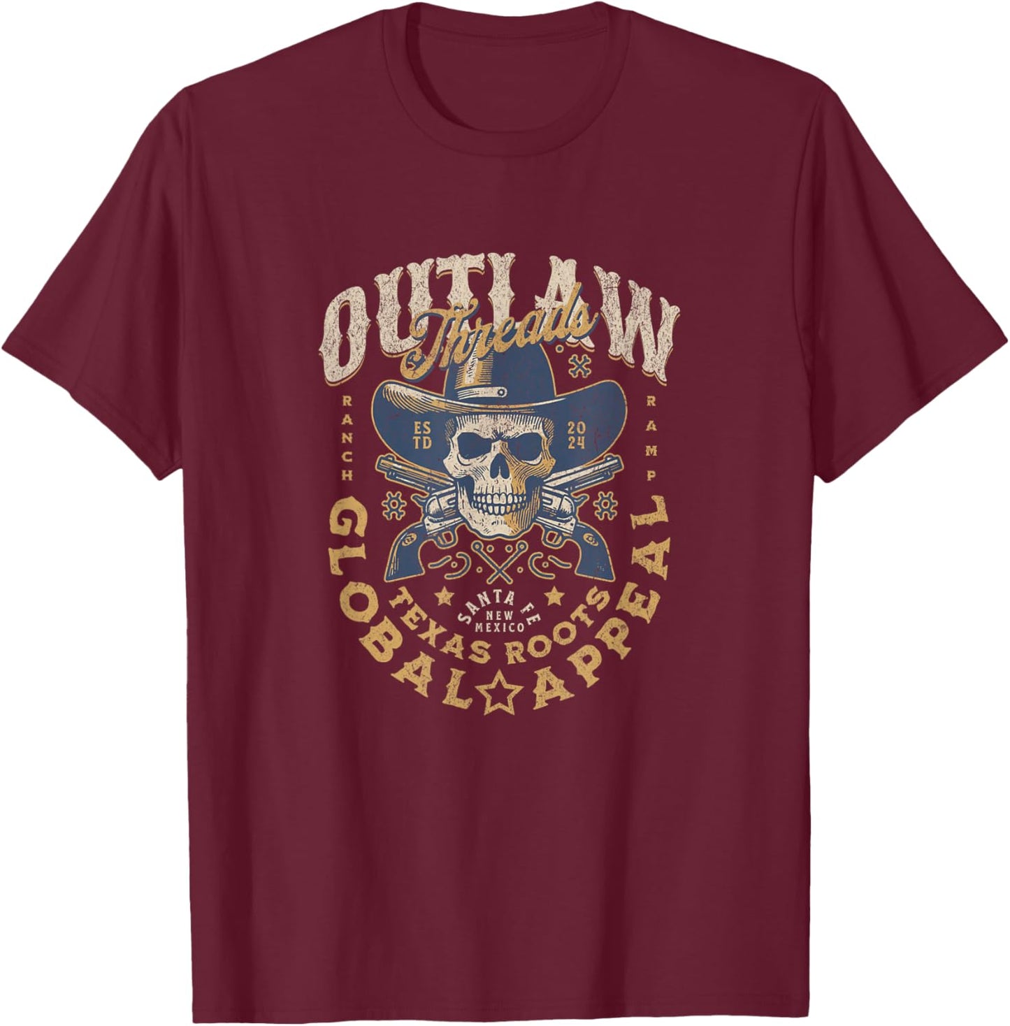Outlaw Threads - Cowboy Skull Dead Revolver Skeleton T-Shirt - T-Shirt | Maroon
