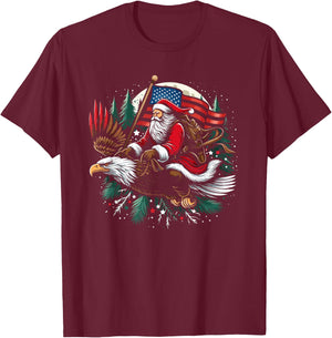 Santa Riding Eagle USA Flag Christmas T-Shirt - T-Shirt | Maroon