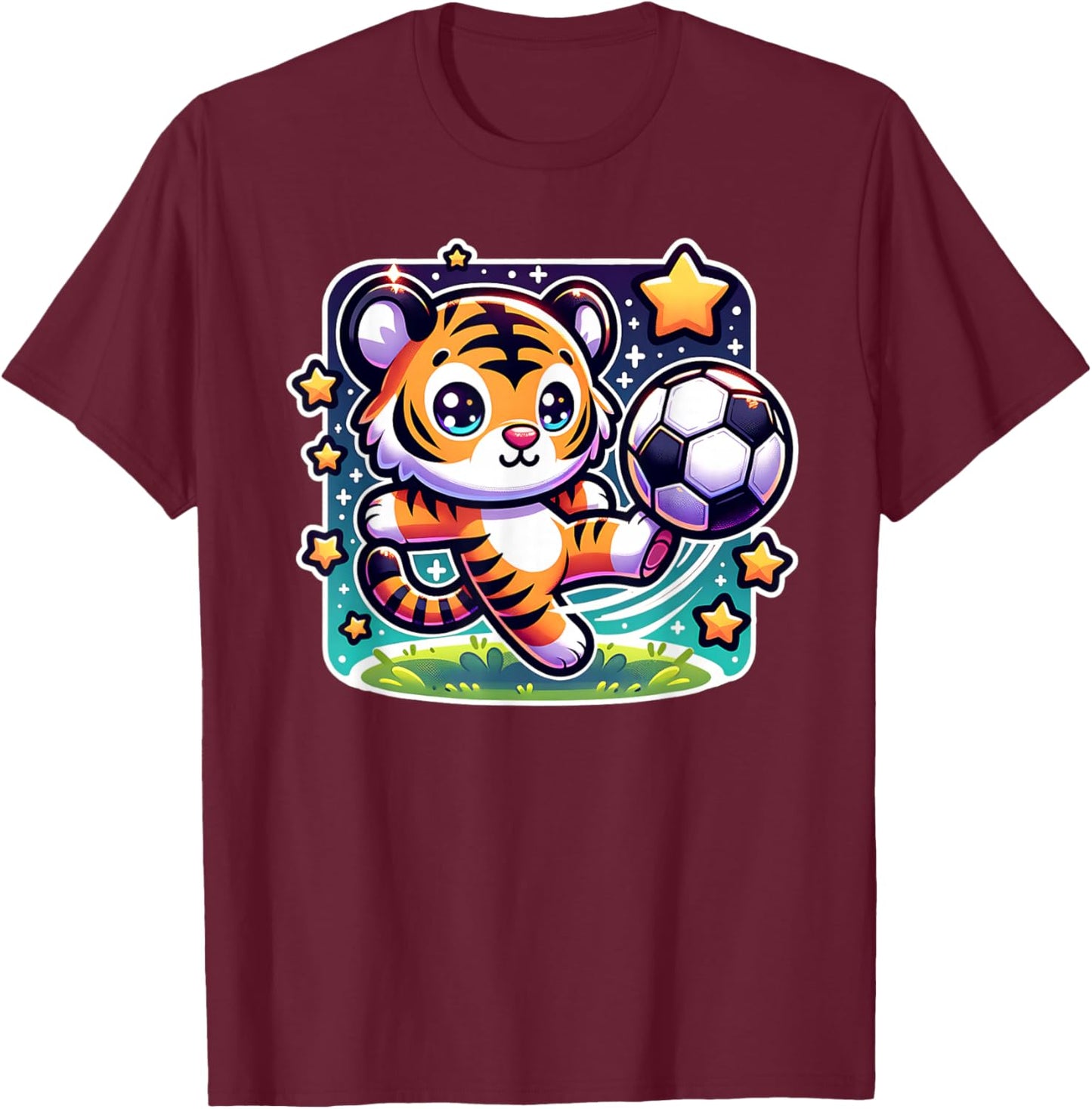 Soccer Player Tiger Cub Kicking Soccer Ball Cute Girls Boys T-Shirt - T-Shirt | Maroon