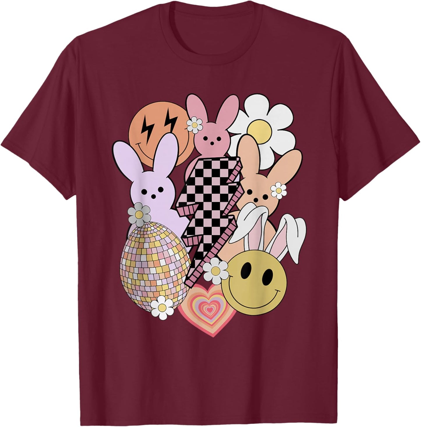Retro Groovy Easter Vibes Smile Face Rabbit Bunny Women Girl T-Shirt - T-Shirt | Maroon
