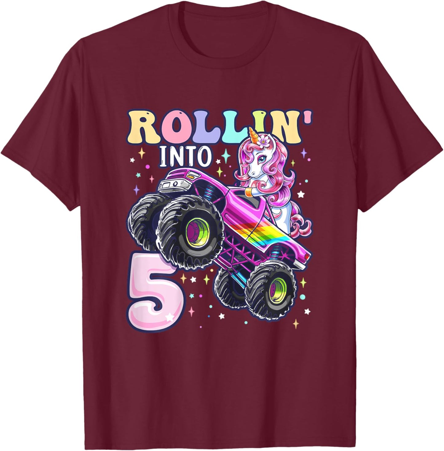 Unicorn Monster Truck 5th Birthday 5 Year Old Girls Party T-Shirt - T-Shirt | Maroon