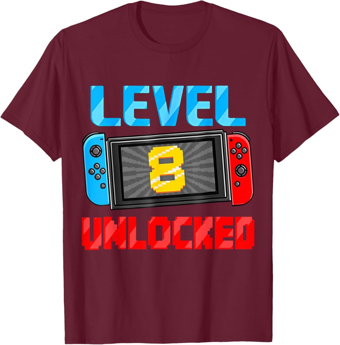Level 8 Unlocked Gamer 8th Birthday Gift Video Game Boys T-Shirt - T-Shirt | Maroon