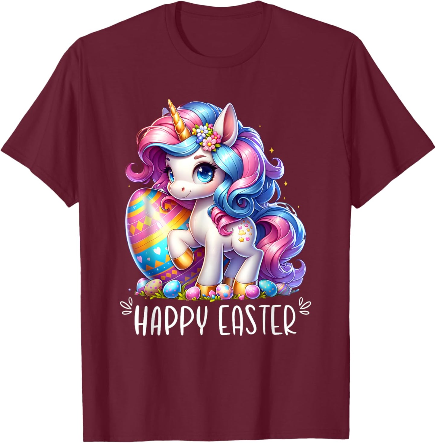 Unicorn Happy Easter Day Bunny Rainbow Egg Girls Kids T-Shirt - T-Shirt | Maroon