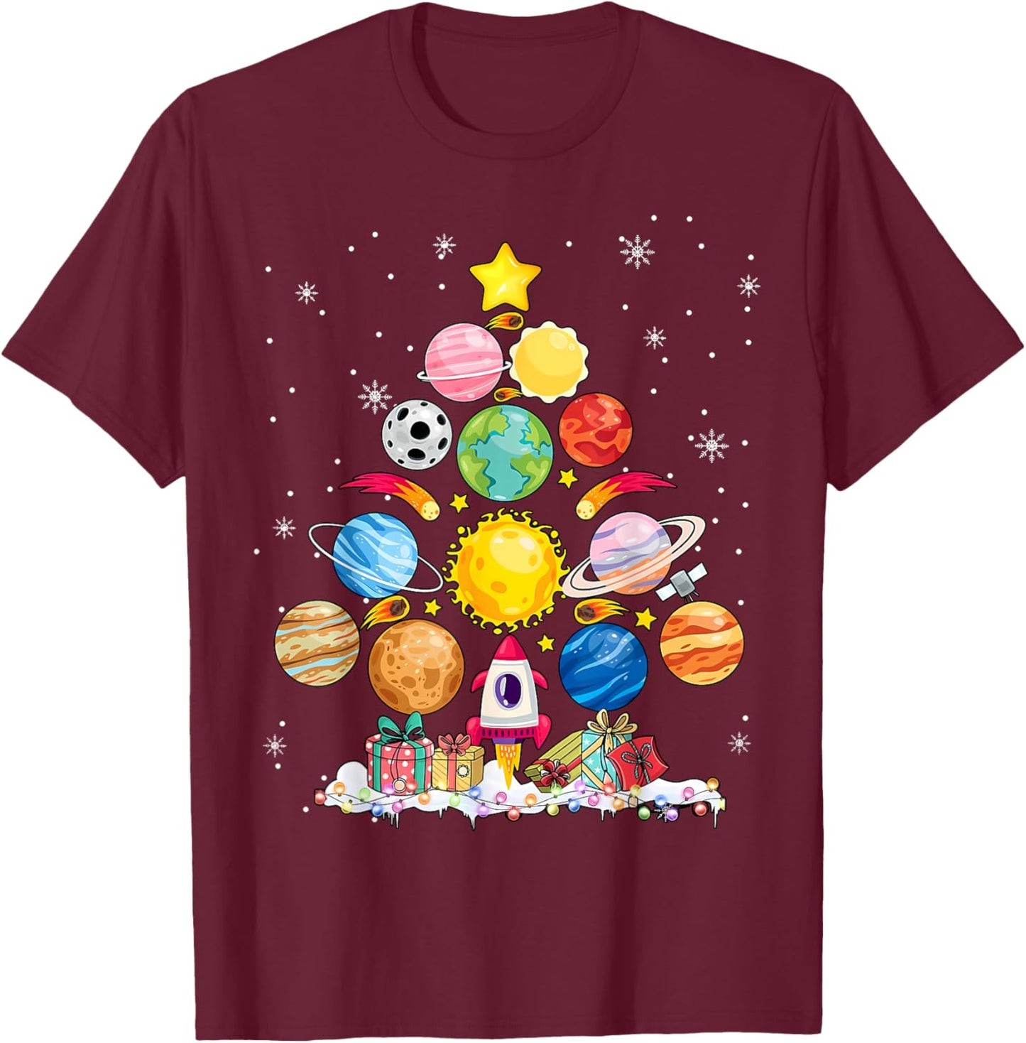 Solar System Christmas Tree Planet Astronomy Science Teacher T-Shirt - T-Shirt | Maroon