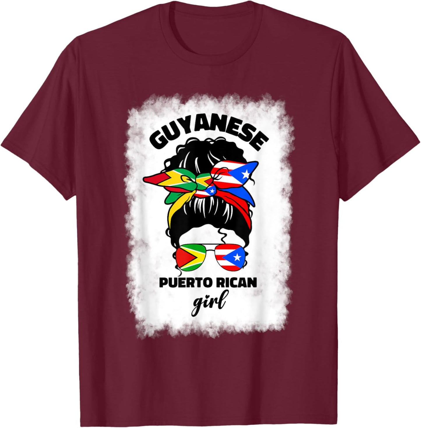 Half Guyanese And Puerto Rican Rico Guyana Flag Afro Girl T-Shirt - T-Shirt | Maroon