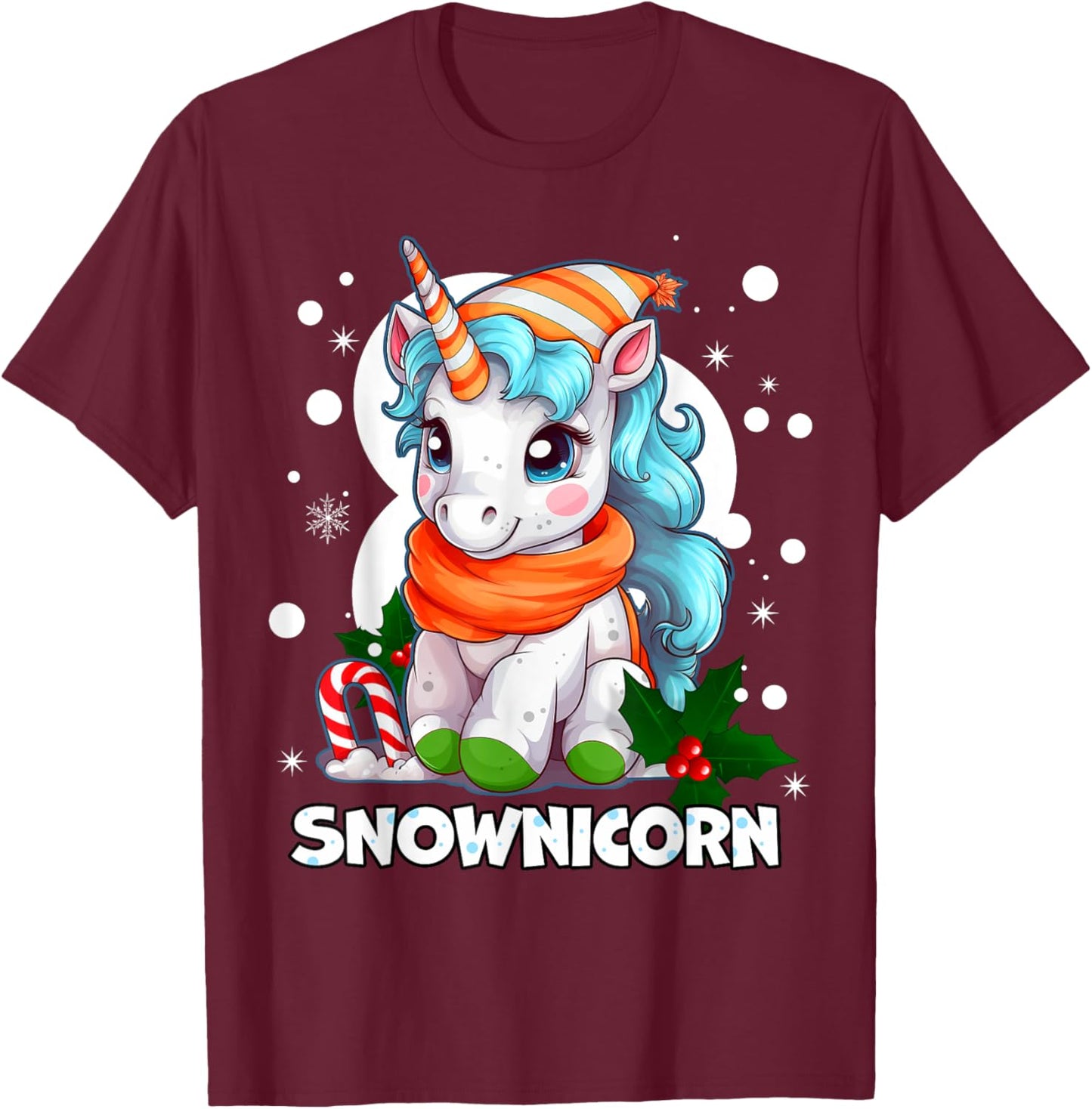 Snownicorn Cute Unicorn Snowman Christmas Girl T-Shirt - T-Shirt | Maroon