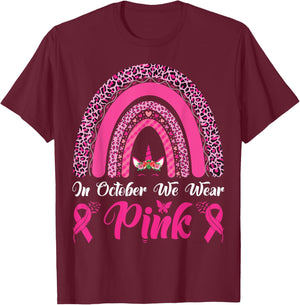 In October We Wear Pink Ribbon Unicorn Leopard Rainbow T-Shirt - T-Shirt | Maroon