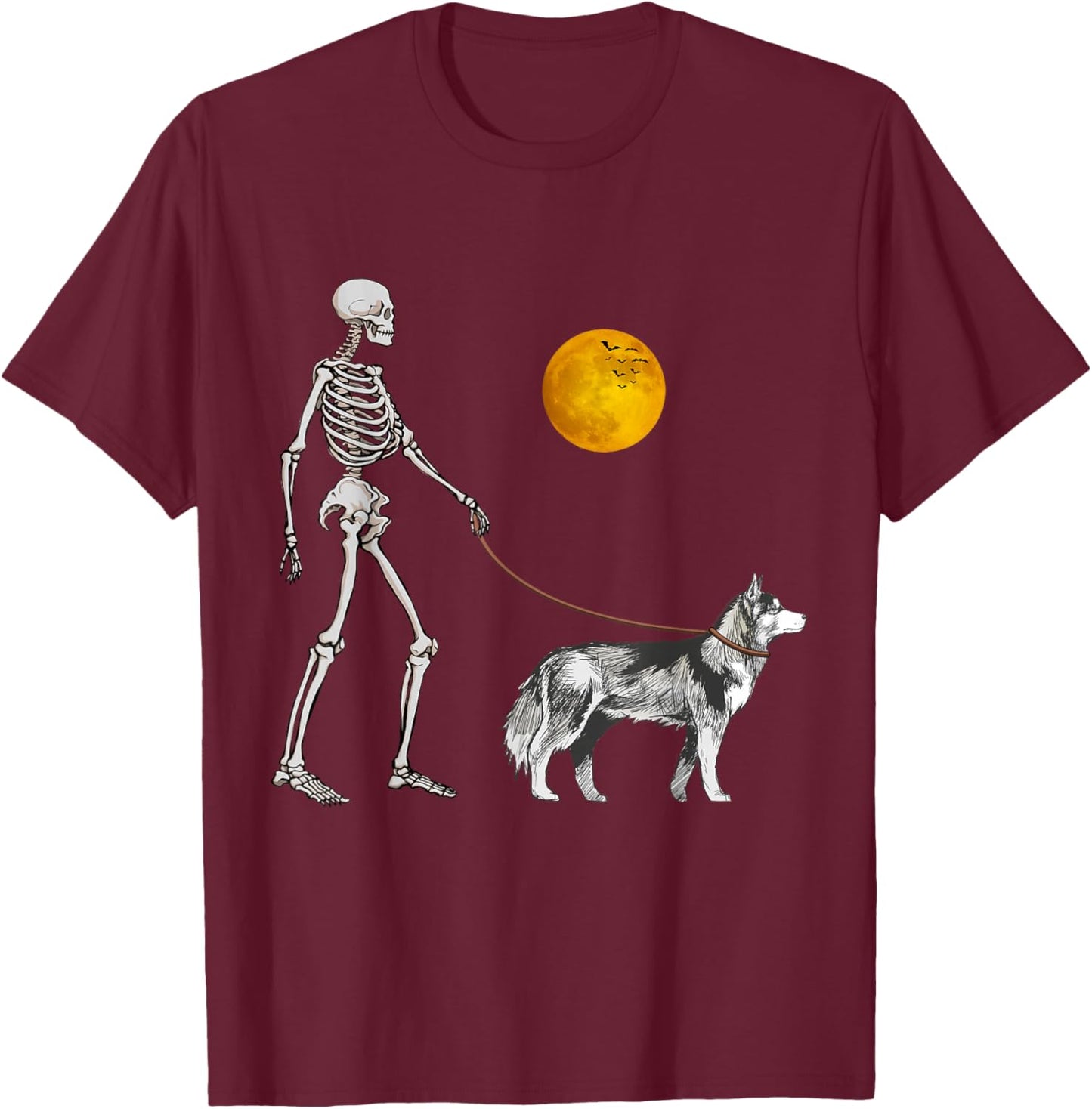Siberian Husky Skeleton Dog Walking Halloween Costume T-Shirt - T-Shirt | Maroon