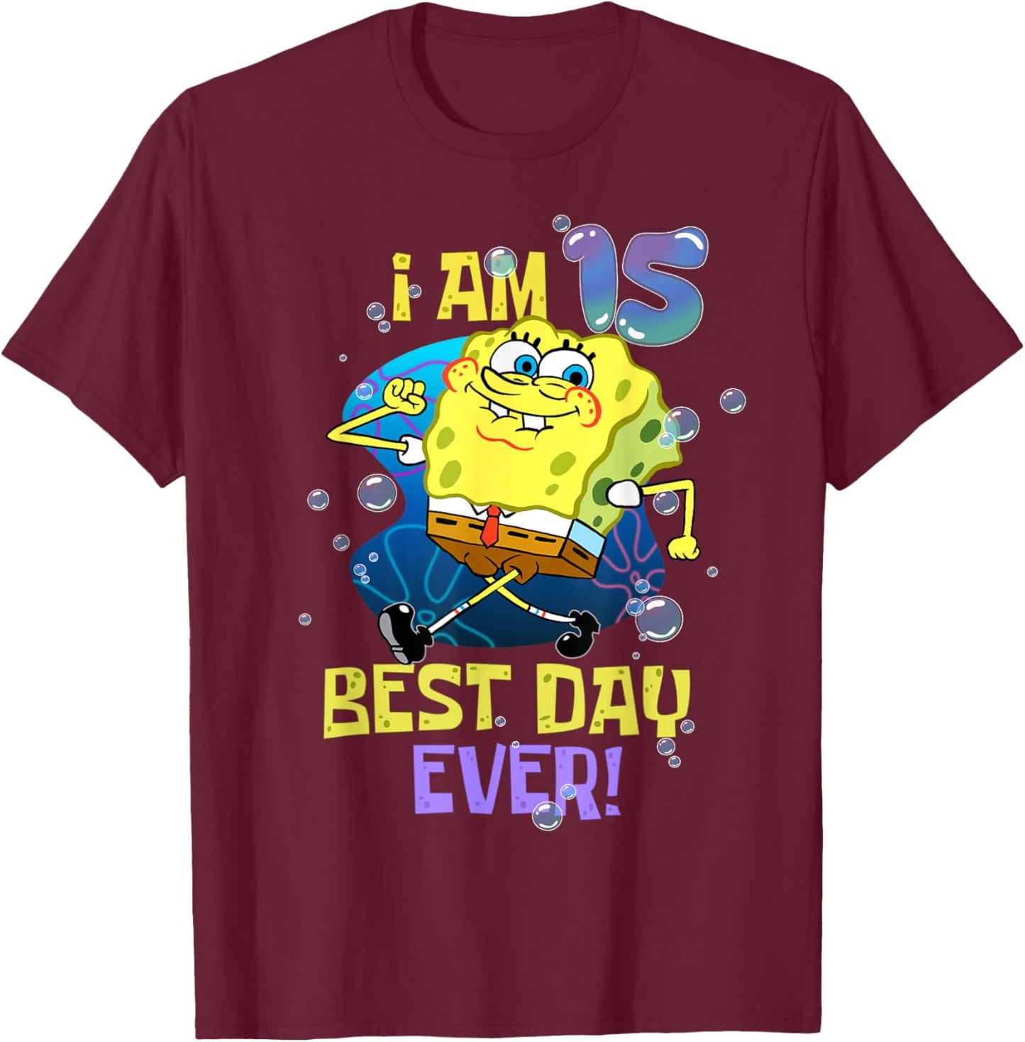 Spongebob I Am 15 Best Day Ever 15th Birthday Kids Spongebob T-Shirt - T-Shirt | Maroon