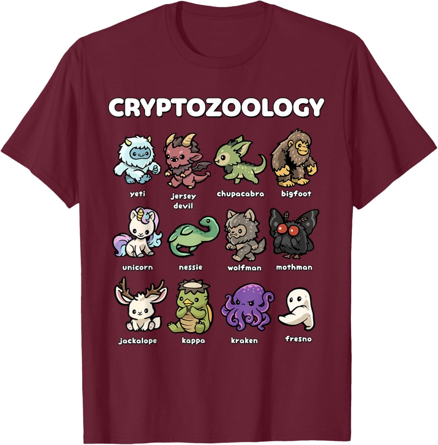Cute Cryptozoology Creatures Kawaii Mythical Beasts T-Shirt - T-Shirt | Maroon