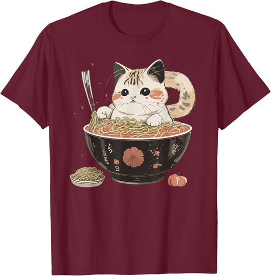 Kawaii Cat Noodle Bowl Japanese Tradittional Graphic Men Women T-Shirt - T-Shirt | Maroon