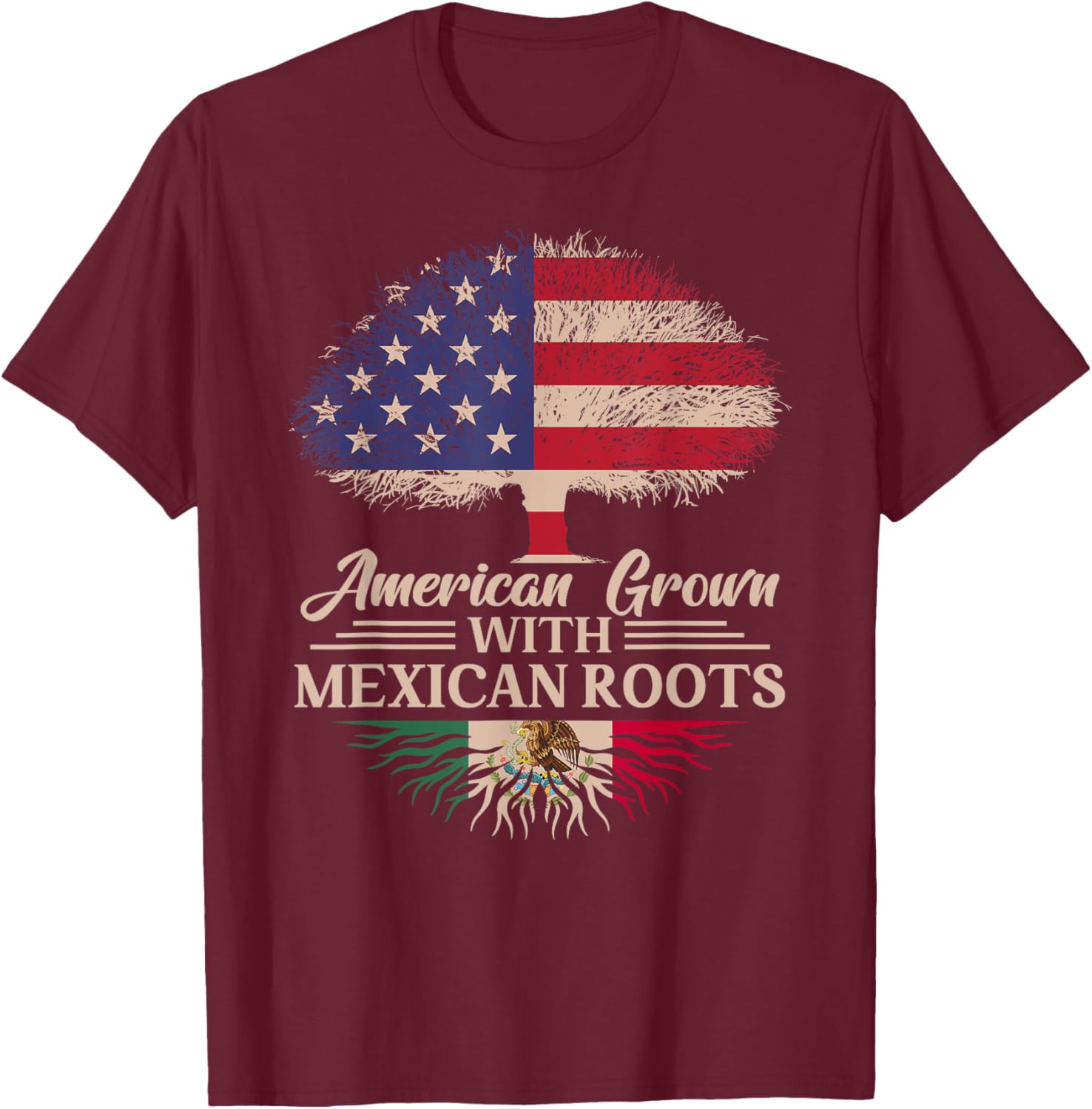 American Grown With Mexican Roots Half American Flag Mexican T-Shirt - T-Shirt | Maroon