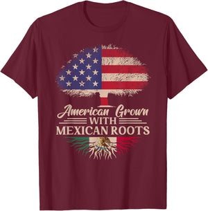 American Grown With Mexican Roots Half American Flag Mexican T-Shirt - T-Shirt | Maroon