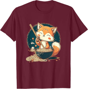 Kawaii Japanese Style Red Fox Ramen Noodles Anime T-Shirt - T-Shirt | Maroon