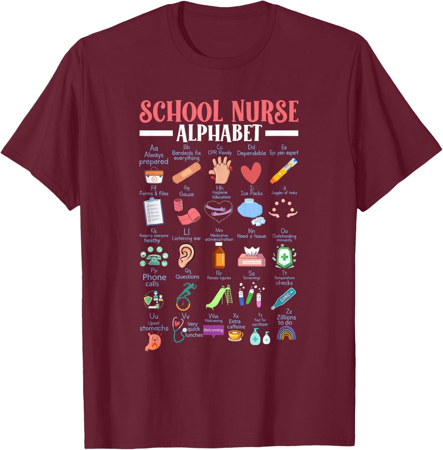 ABC School Nurse Alphabet Student Teacher Health Worker T-Shirt - T-Shirt | Maroon