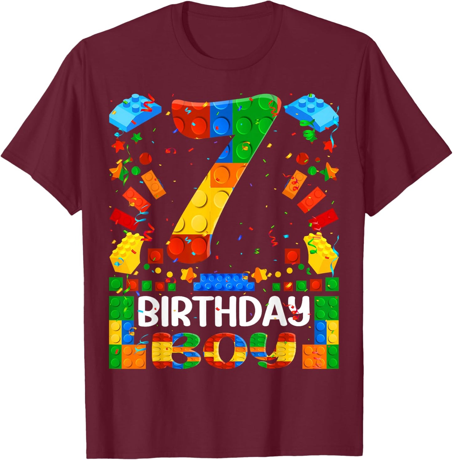 7 Year Old Building Blocks 7th Birthday Boy Brick Builder T-Shirt - T-Shirt | Maroon