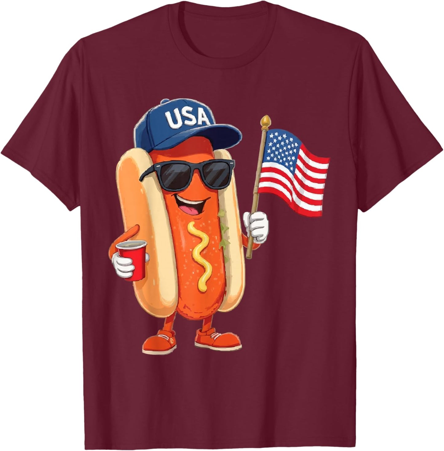 250th Anniversary Patriotic 4th of July Hotdog with USA Flag T-Shirt - T-Shirt | Maroon