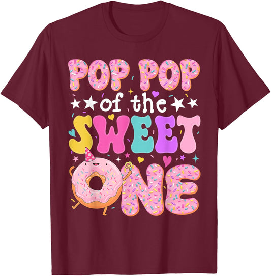 Pop Pop of The Sweet One 1st Birthday Donut Bday Party T-Shirt - T-Shirt | Maroon