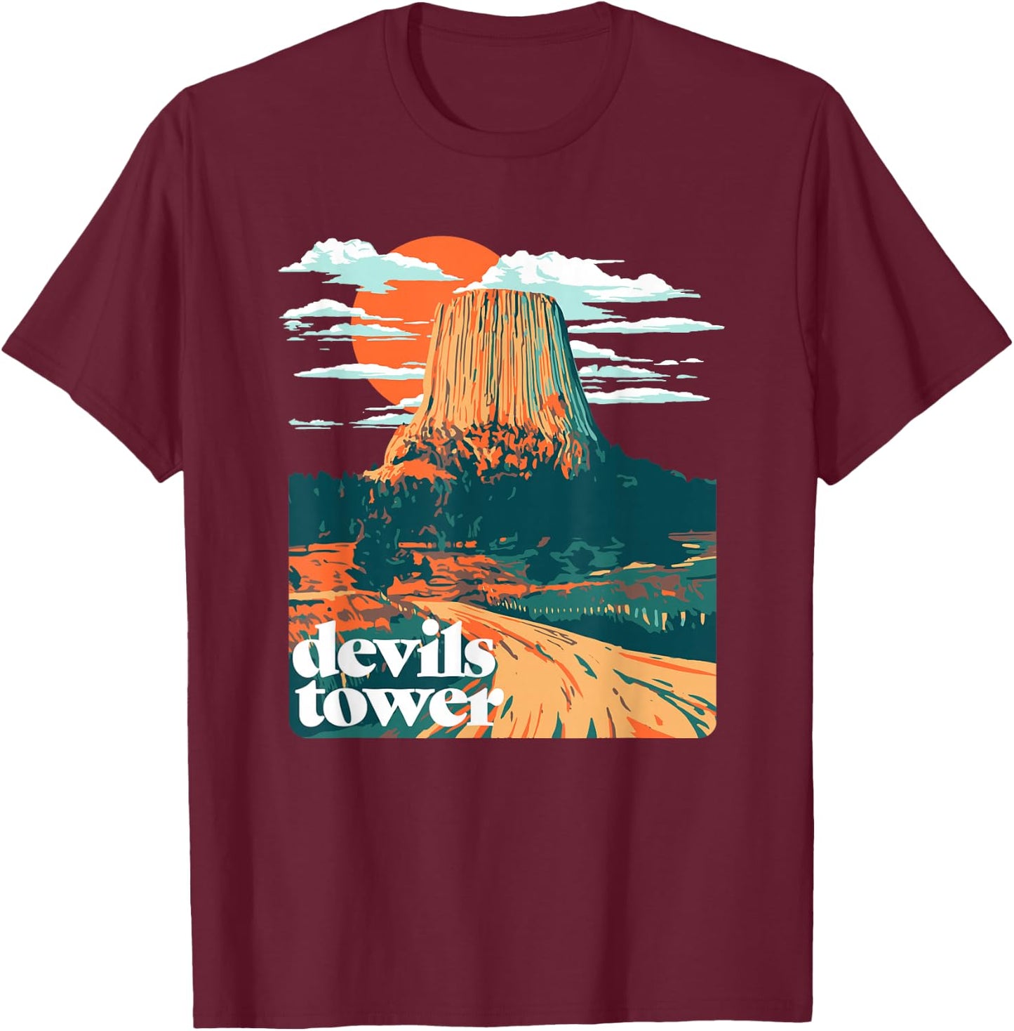 Retro Devils Tower Monument Vintage Design Graphic T-Shirt - T-Shirt | Maroon