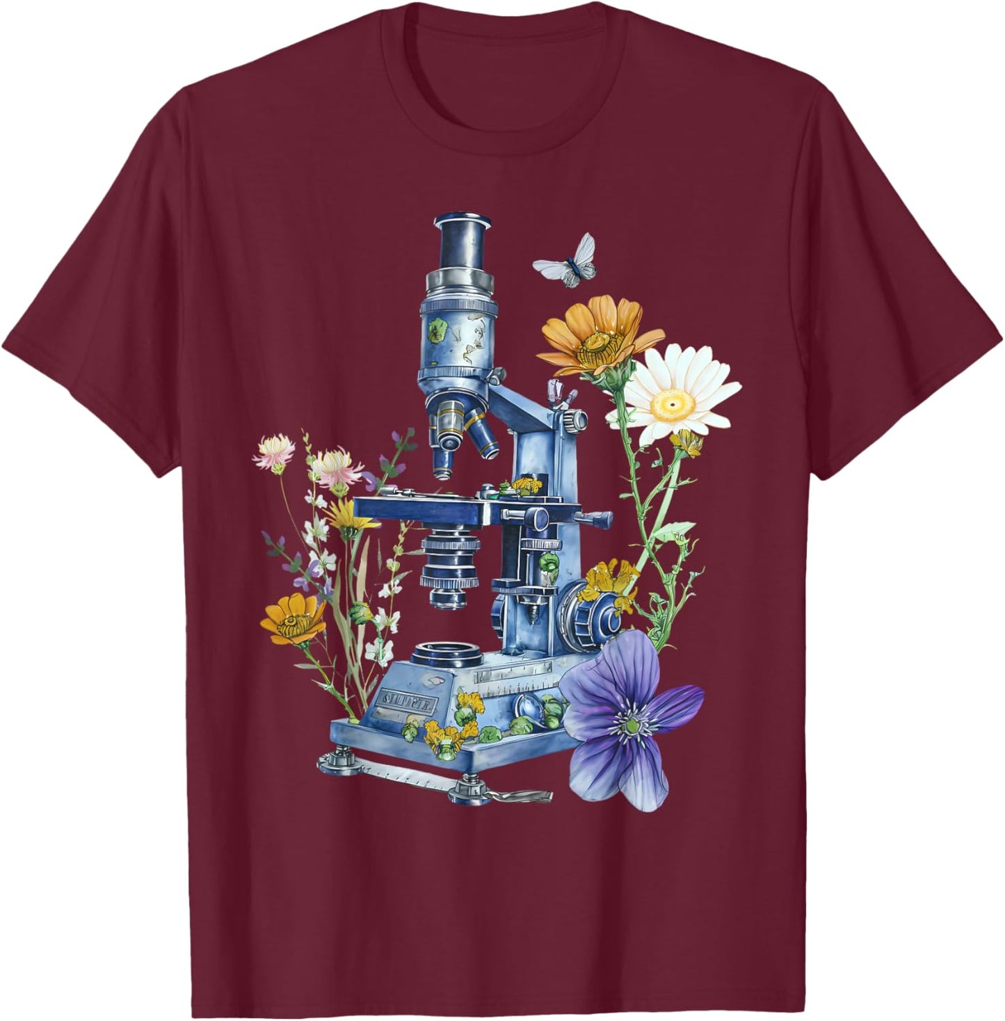 Medical Laboratory Technician Chemistry Floral Microscope Science Butterfly - Adults, Black, Small, Short Sleeve T-Shirt - T-Shirt | Maroon