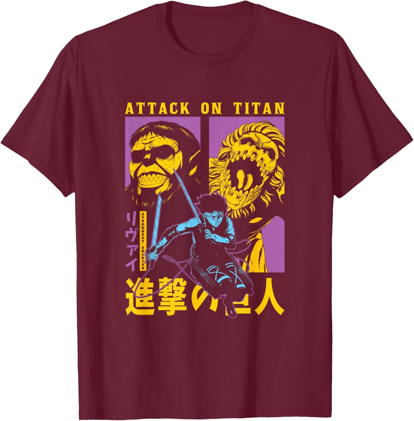 Attack on Titan Season 4 Split Titan Faces Attack Pose Anime T-Shirt - T-Shirt | Maroon